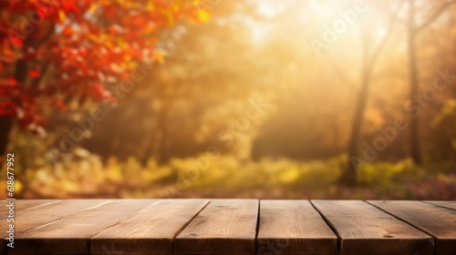 Wood table in autumn landscape with empty copy space for product display