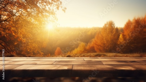 Fotografia Wood table in autumn landscape with empty copy space for product display
