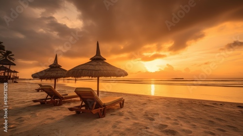 Chaises longues  inspirational tropical beach  palm trees and white sand. Tranquil scenery  relaxing beach  tropical landscape design.