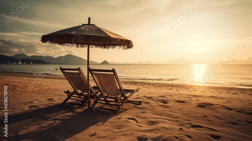 Chaises longues, inspirational tropical beach, palm trees and white sand. Tranquil scenery, relaxing beach, tropical landscape design.