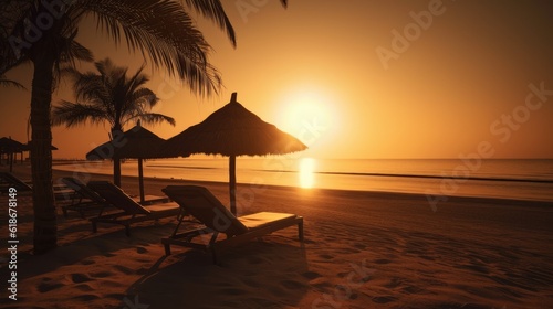 Chaises longues, inspirational tropical beach, palm trees and white sand. Tranquil scenery, relaxing beach, tropical landscape design. © Clown Studio