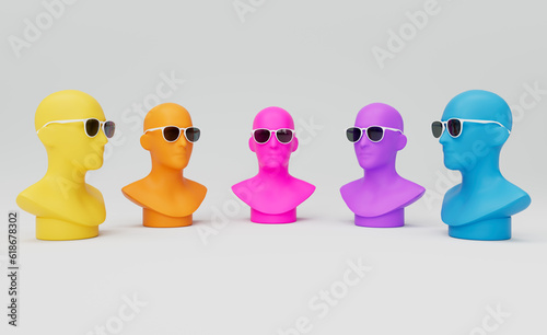Abstract Colorful 3D Rendered Mannequins with Sunglasses In A Semi Circle on white background