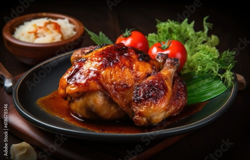 Roasted chicken legs in teriyaki sauce with thyme