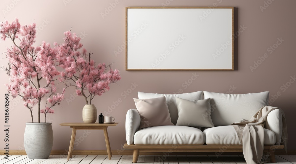 Fototapeta premium Blank picture frame mock up in beige room interior , 3d rendering
