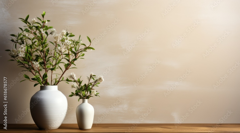 White spirea in vase on white background with text space