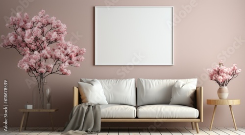 Blank picture frame mock up in beige room interior   3d rendering