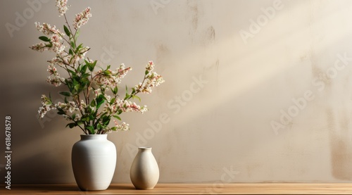 White spirea in vase on white background with text space