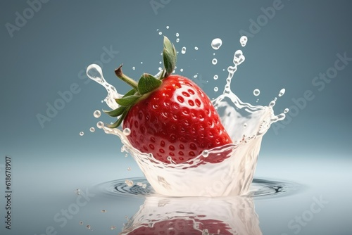 Fresh strawberry dropped into water with splash on the background.