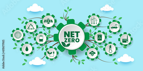 Net zero and carbon neutral, Net zero greenhouse gas emissions target concept With icons. Cartoon Vector People Illustration. 