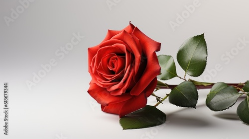 One red rose with stem isolated on white background