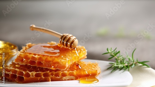 Honeycomb with honey dipper isolated on a white background. Organic natural ingredients.