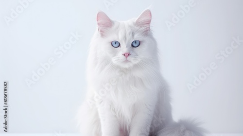 Portrait of white reg doll cat posing, looking at camera. Funny and beautiful white pet little cat or kitty, with text space can use for advertising, ads, branding