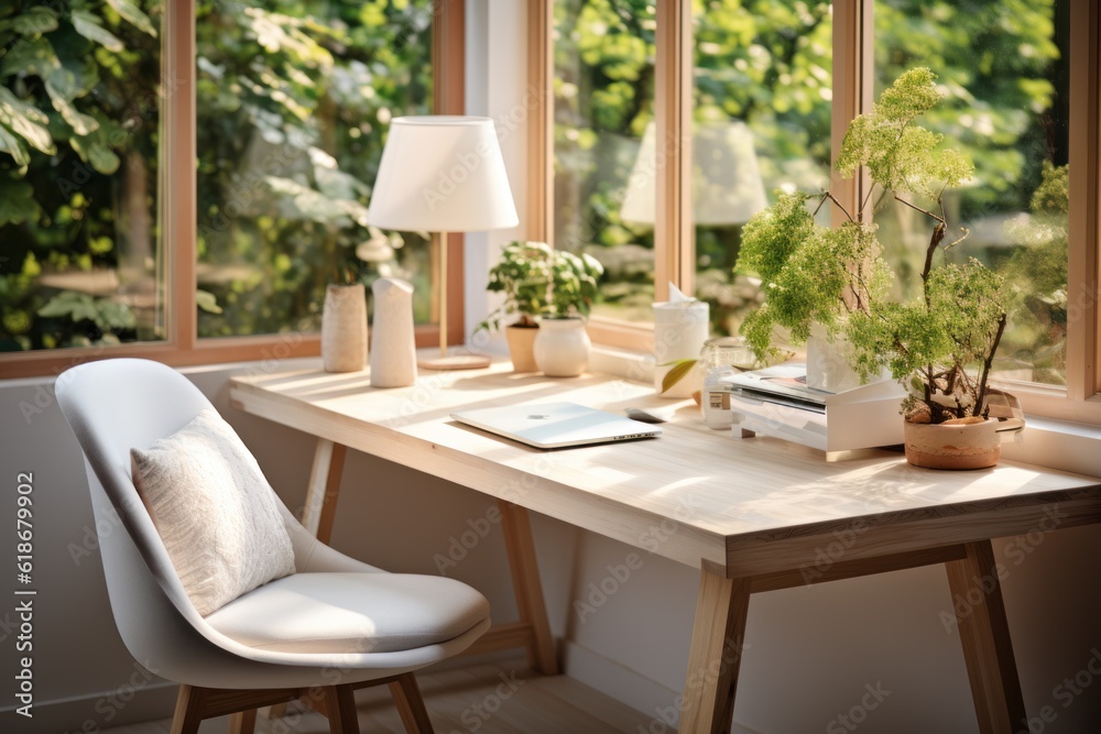 Fototapeta premium Create a modern workplace in a bright Scandinavian interior. computer and keyboard on a wooden table