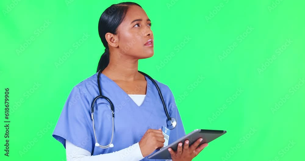 Doctor, woman and tablet on green screen thinking, planning and solution in healthcare service or hospital research. Telehealth, ideas and medical nurse or person on digital tech in studio background Doctor, woman and tablet on green screen thinking, planning and solution in healthcare service or hospital research. Telehealth, ideas and medical nurse or person on digital tech in studio background