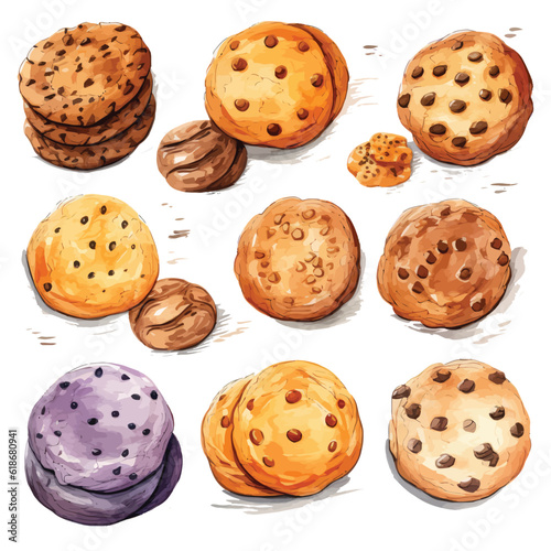 chocolate chip cookies illustration in pastel watercolor style