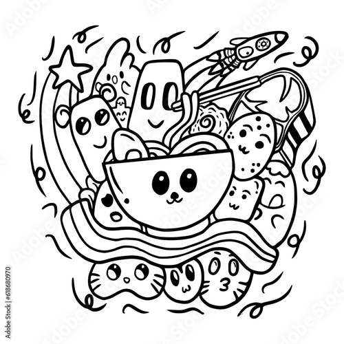 cute funny hand drawn doodles style  ramen background  food illustration   vector illustration