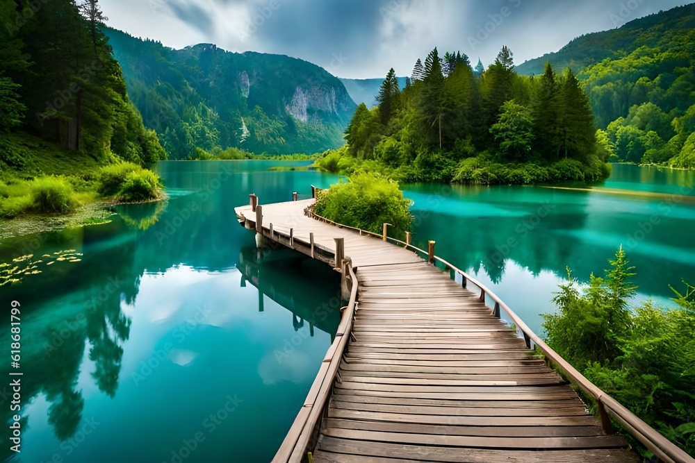 Beautiful wooden path over the lake generated by AI tool Beautiful wooden path over the lake generated by AI tool