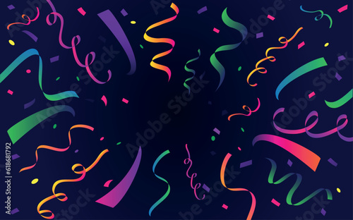 Explosion of confetti and ribbons vector.	Confetti banner background with colorful serpentine ribbons, copy space for text. Carnival, anniversary, celebration, greeting illustration in flat simple car
