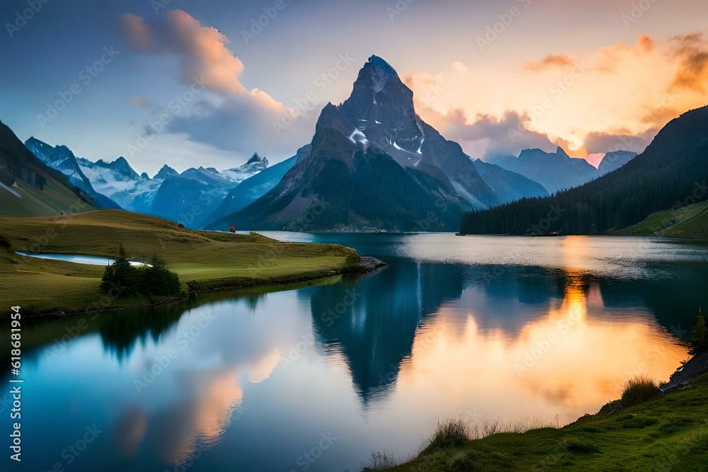 fabulous mountain with beautiful lake generated by AI tool