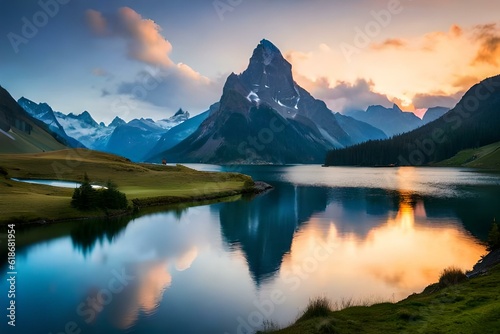 fabulous mountain with beautiful lake generated by AI tool