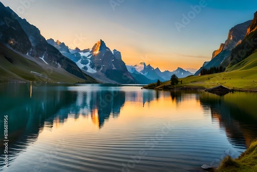fabulous mountain with beautiful lake in the mid generated by AI tool © Muhammad
