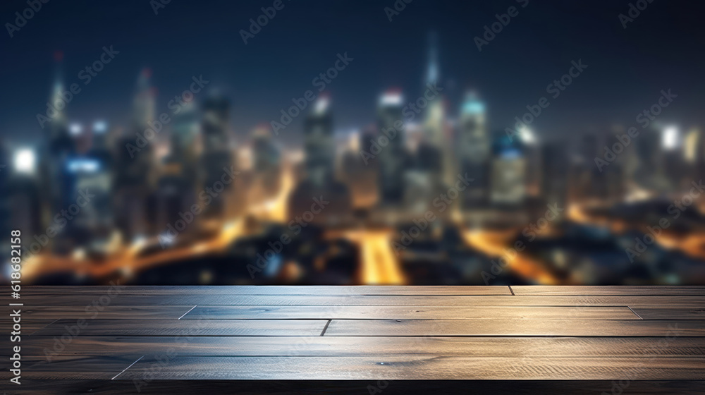 Empty dark table top and blur night view of the city
