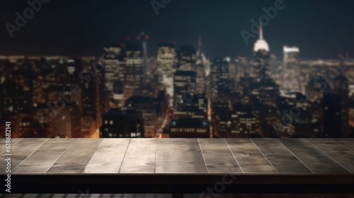 Empty dark table top and blur night view of the city