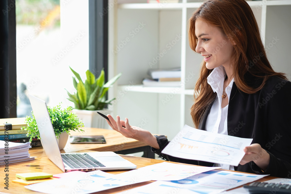 accountant, Auditor, Self-Employed, Finance and Investment, tax calculation and budget, Portrait of Asian female entrepreneur using a calculator to calculate. Company business results document.