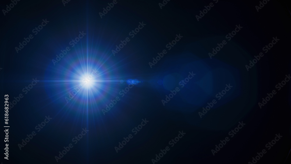 Bright star with four white and many blue beams. Chromatic aberration light effect.