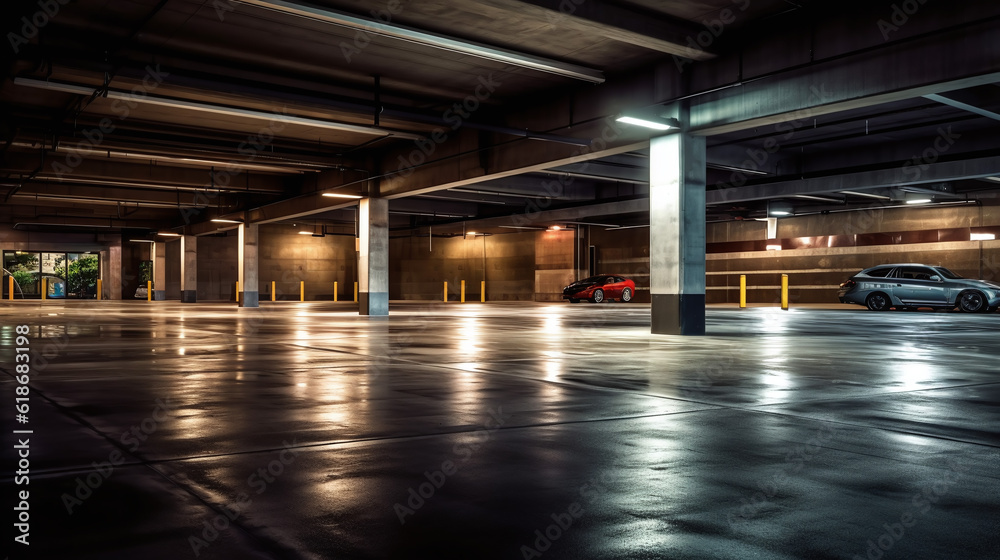 Dark parking garage industrial room interior. Zoom blur perspective. Generative Ai
