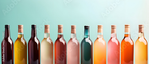 different colored wines sit in a row against a green and blue background Generated by AI