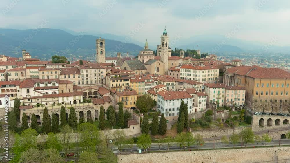 Scenic aerial view of Citta Alta, Old town district of Bergamo city