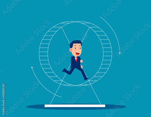 Business person running on hamster wheel. Pointless energy waste without future perspective and growth