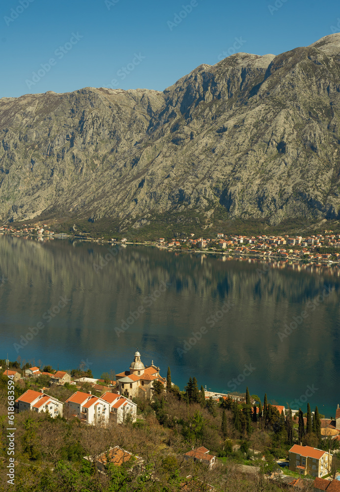 View of the Bay of Kotor in spring from the hiking trail above Prcanj