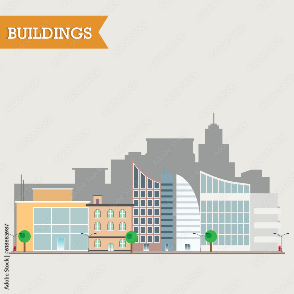Isolated colored street city view with different buildings Vector