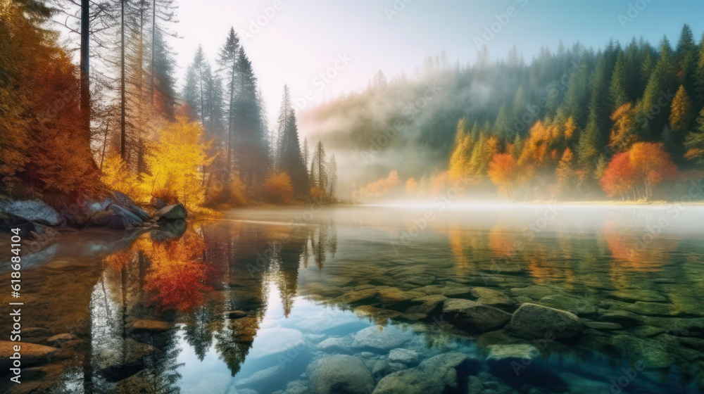 Naklejka premium Autumn forest with fog reflected in water. 