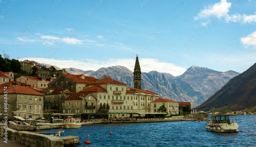Scenic panorama view of the historic town of Perast at famous Bay of Kotor