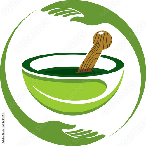 Circular hand with herbal medicine mortar and pestle