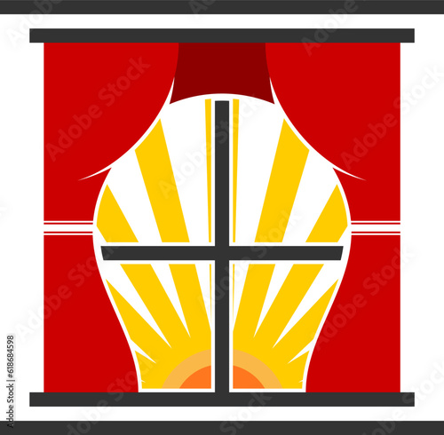 Window and curtains with sun