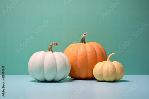 minimalist pastel colored autumn / fall concept or greeting card with three pumpkins on a mint background. Generative AI. 