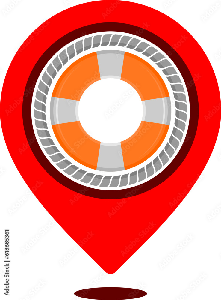Red pin location with rope and lifebuoy Red pin location with rope and lifebuoy