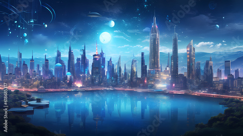 Panoramic View of a Smart City Skyline, Generative AI