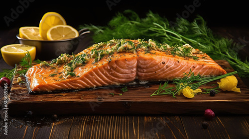 Cedar plank grilled or roasted salmon with herbs, garlic and spices. Generative Ai