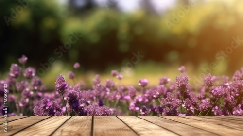 Wooden board empty Table Top And Blur flower garden Background