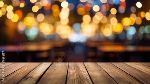 image of wooden table in front of abstract blurred background of resturant lights, made with generative AI tools.