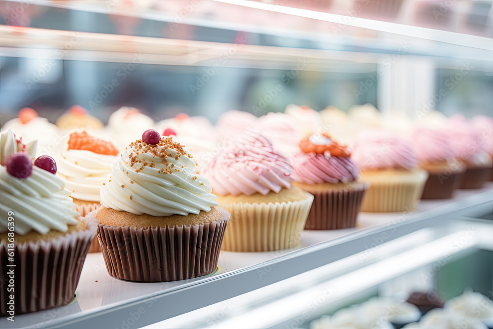 Row of various cupcakes in a shop, Generative AI