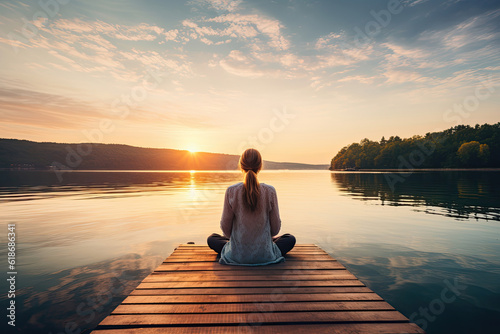Foto Back view of a woman meditating on the dock on the lake at sunrise, Generative A