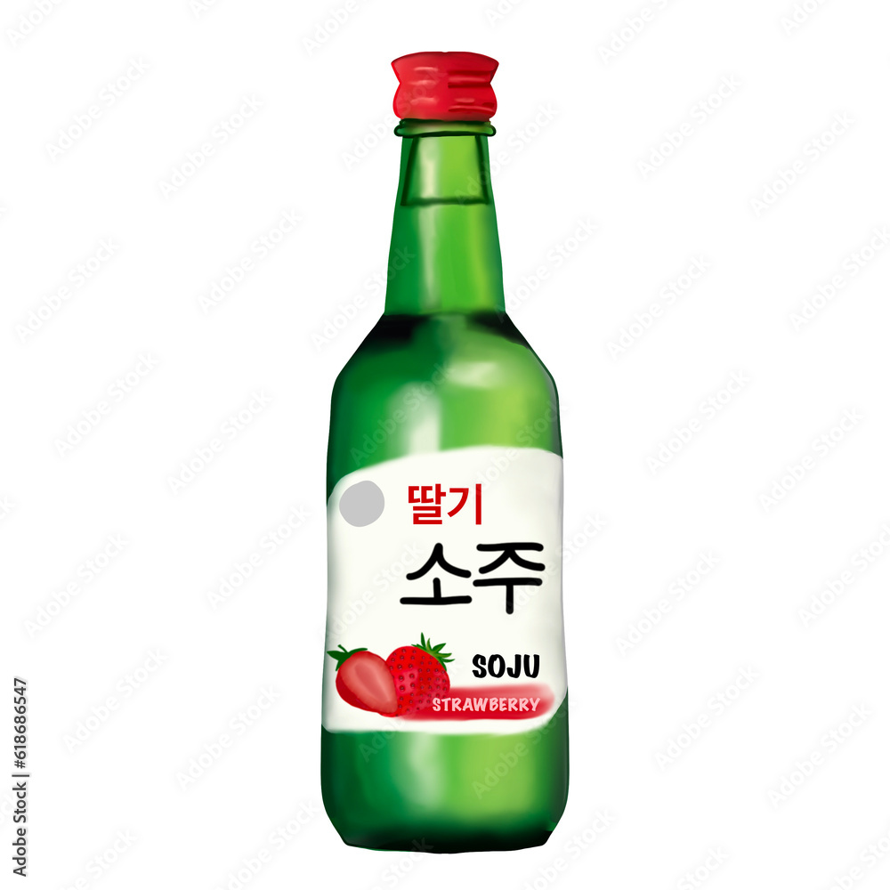 Green bottle strawberry soju hand draw png file for decoration and online advertising Green bottle strawberry soju hand draw png file for decoration and online advertising