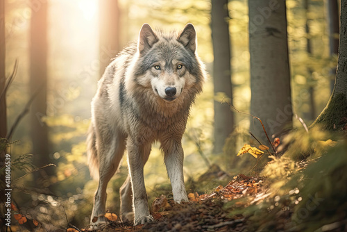 Wolf standing in a forest, Generative AI