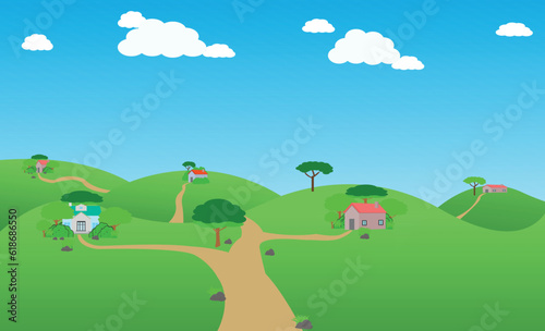  Vector village Background Illustration. Rural mountain landscape and village vector illustration. A beautiful village with farmlands  trees  meadows and with mountains in the 